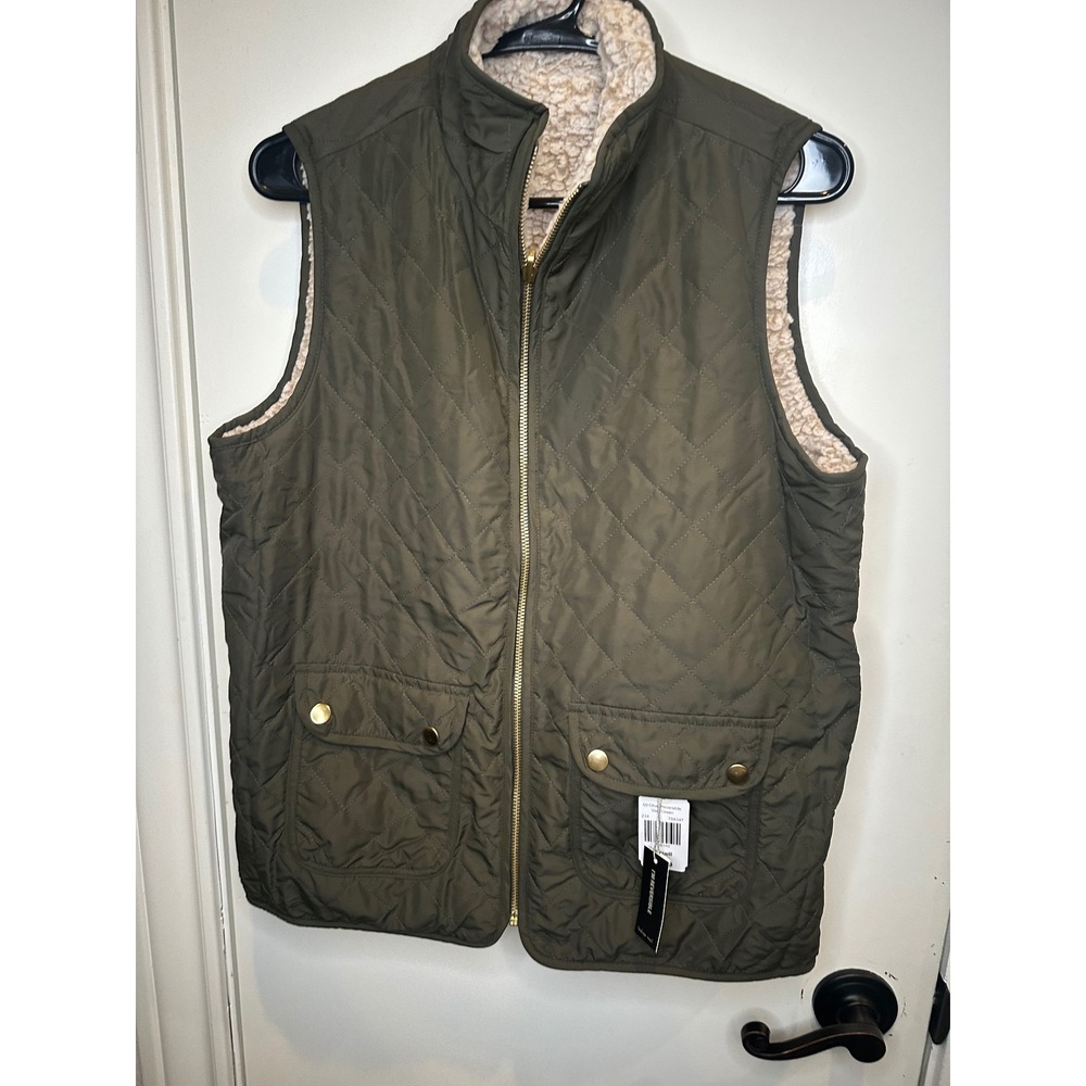Indigo Soul Womens Reversible Quilted Vest Olive Green Faux Shearling Small